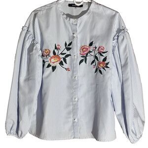 Sugar Lips Long Puff Sleeve Embroidered White with Stripe Button Down Shirt M